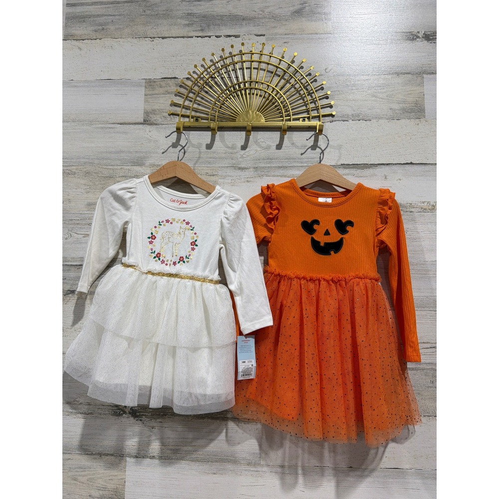 Cat & Jack Celebrate Dress Bundle Girls 18M Orange White Deer Pumpkin NWT EUC